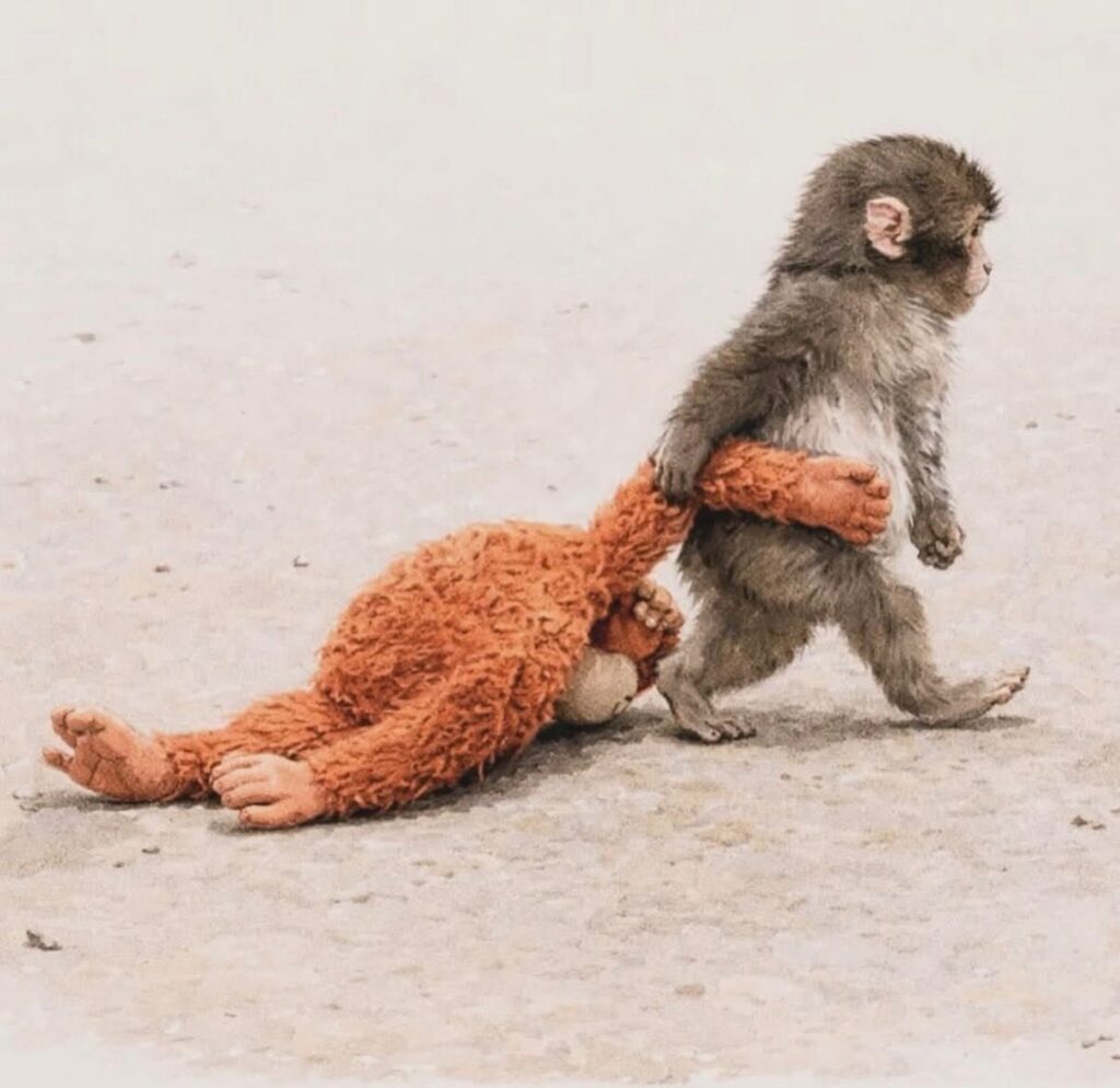 Un pui de maimuță respins de mamă a cucerit internetul. Prietenia lui cu un urangutan de pluș a devenit simbolul rezilienței