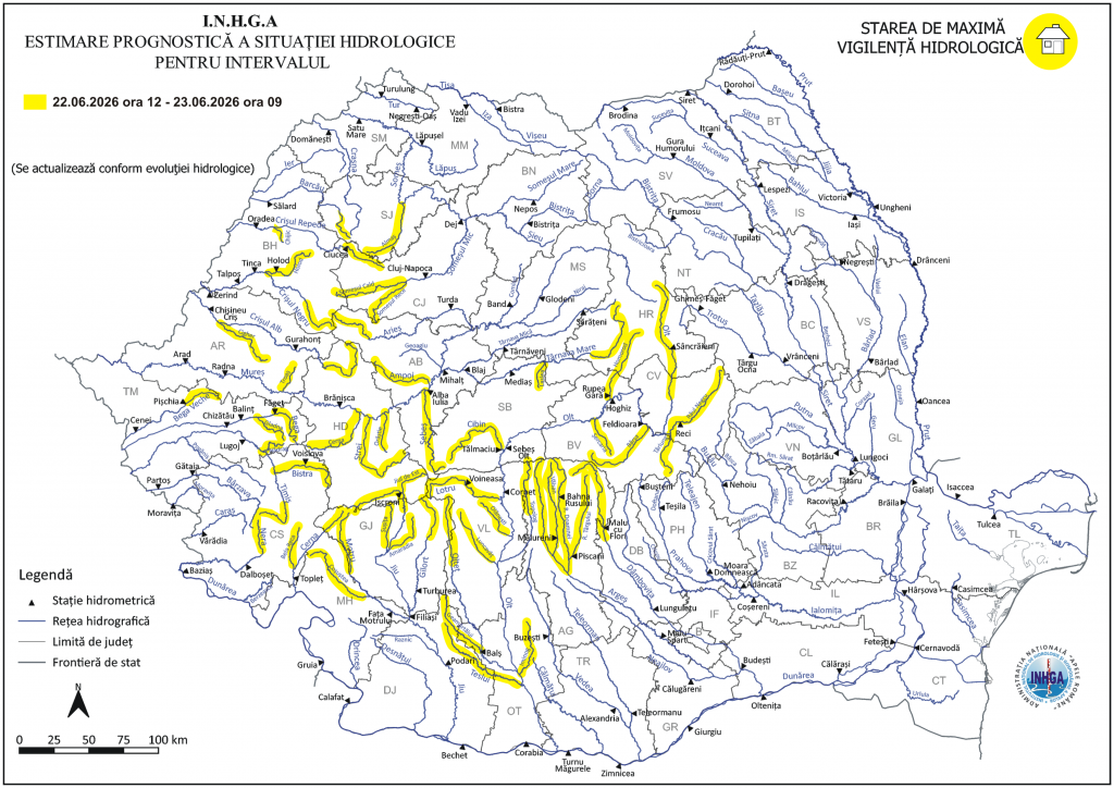 Cod galben de inundații în 21 de județe. Hidrologii avertizează asupra viiturilor și creșterii nivelului râurilor