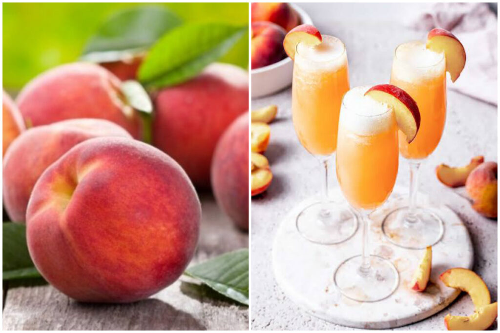 Cocktail de vară cu piersici proaspete și șampanie. Dacă îl prepari corect e 2-în-1 și mâncare și băutură