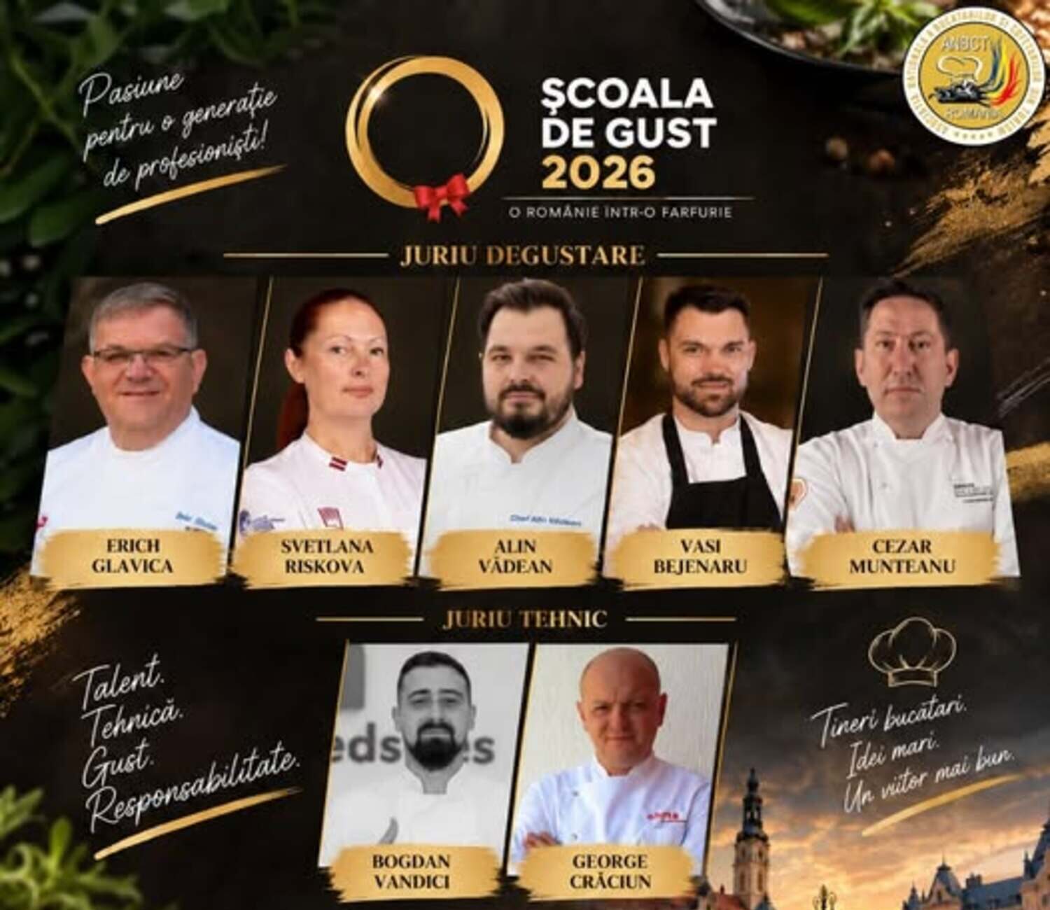 Juriul de degustare va fi format din Erich Glavica, Svetlana Riskova, Alin Vădean, Vasi Bejenaru și Cezar Munteanu; sursa foto: Asociația Națională a Bucătarilor și Cofetarilor din Turism - România